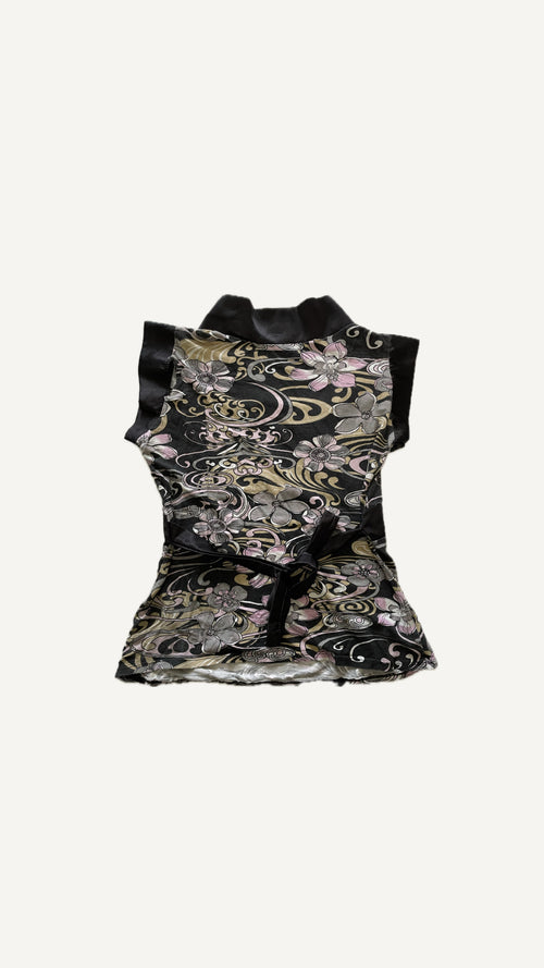 2000's Floral & Baroque Satin Trim Wrap Top