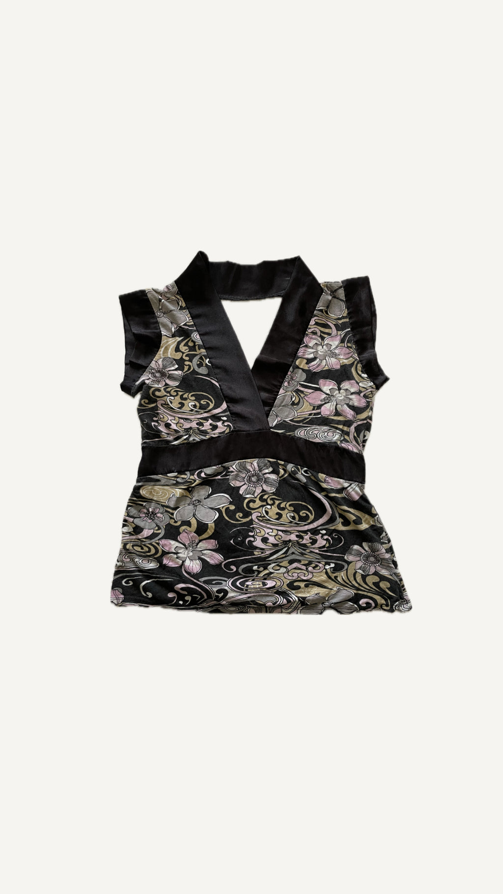 2000's Floral & Baroque Satin Trim Wrap Top